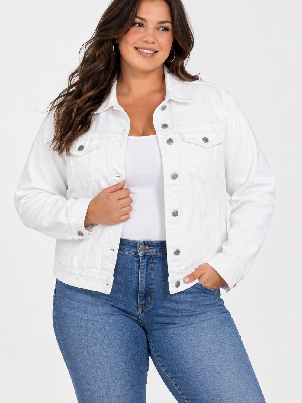 Old Navy Womenβs White Denim Jean Jacket XL Trucker Button Front Casual
